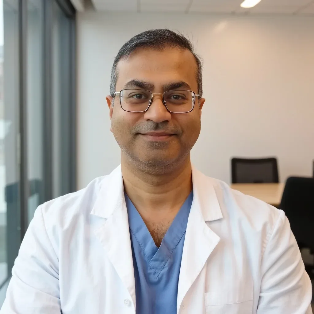 Dr. Prasanth wearing a white coat